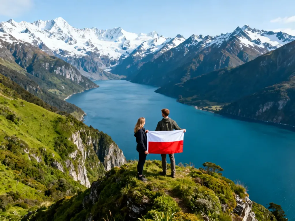Mężczyzna i kobieta z polską flagą na tle nowozelandzkiego fiordu i Alp Południowych.