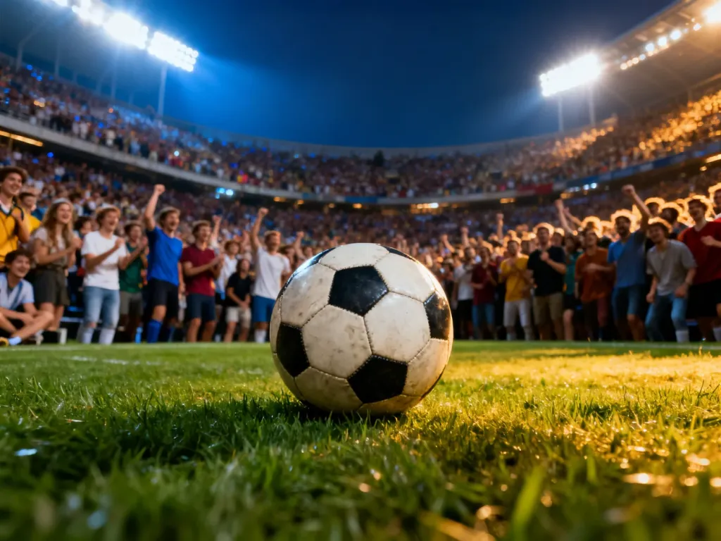 Piłka do gry na murawie stadionu wypełnionego kibicami podczas wieczornego meczu mistrzostw świata.
