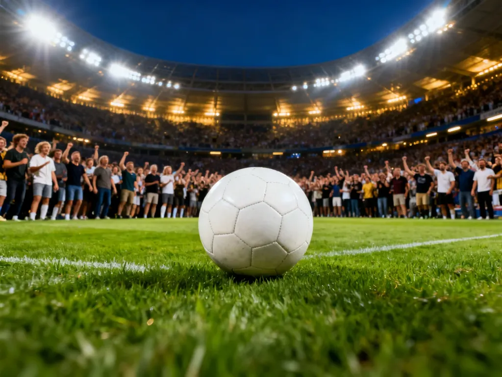 Oświetlony stadion piłkarski nocą z widoczną na pierwszym planie piłką, zapowiadający emocjonujące spotkanie ligowe.