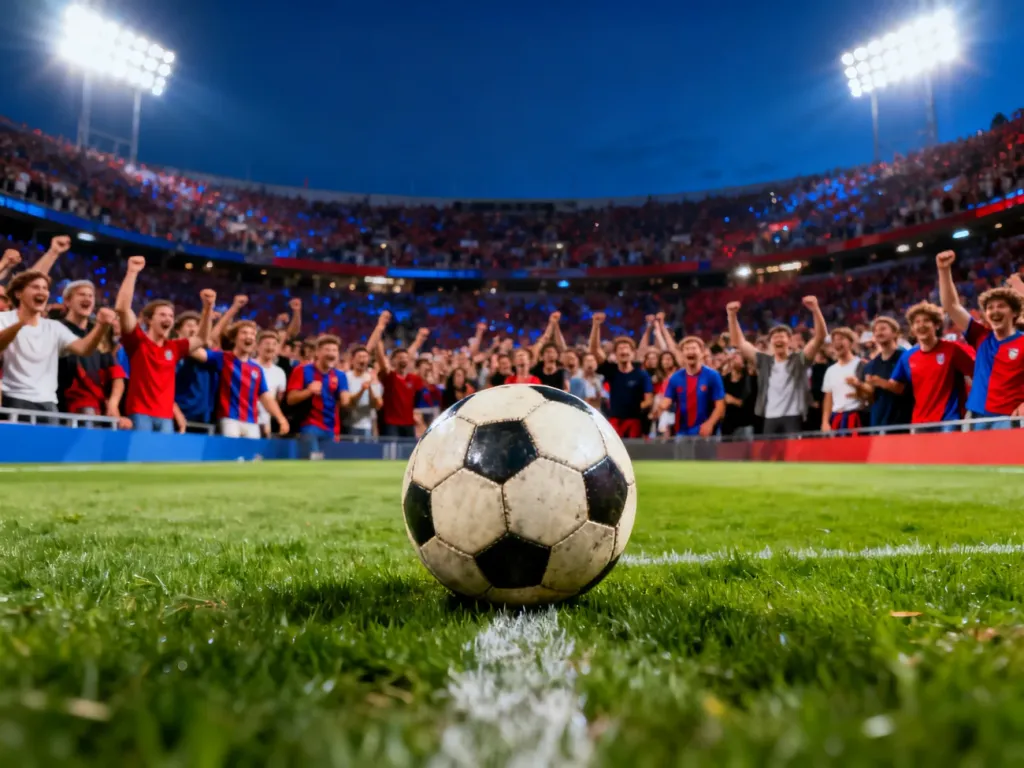 Piłka na murawie stadionu w świetle reflektorów przed meczem FC Barcelona – Atlético Madryt.