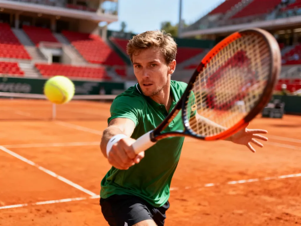 Tenisista wykonujący dynamiczne uderzenie na mączce ceglanej podczas meczu na korcie Roland Garros.