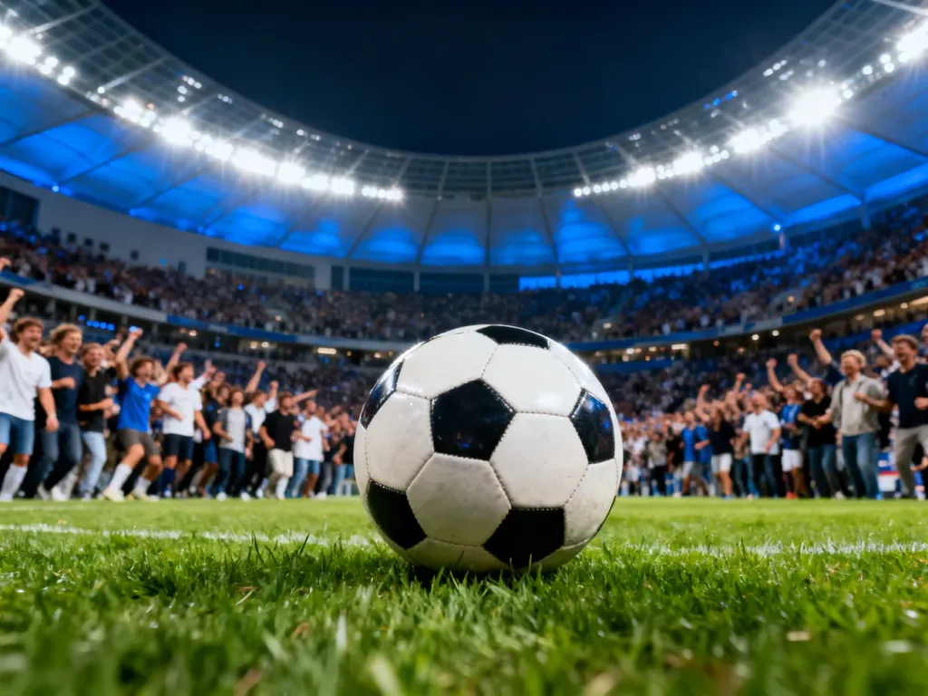Piłka do futbolu na murawie stadionu w świetle reflektorów, oddająca atmosferę meczu Ligi Konferencji Europy.