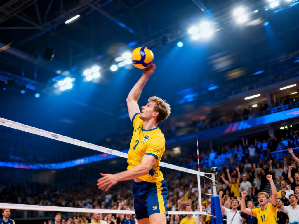 Siatkarz wykonuje dynamiczny atak nad siatką w pełnej kibiców hali sportowej podczas meczu mistrzostw świata.