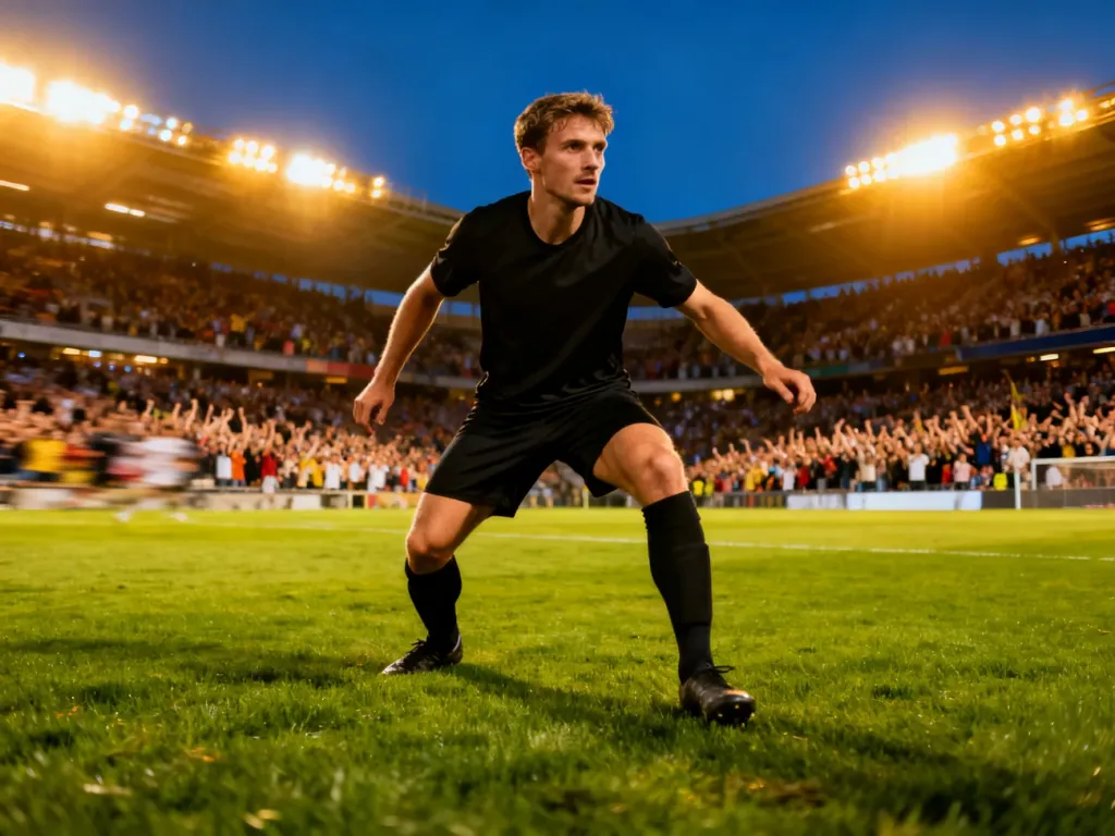 Piłkarz w dynamicznej akcji na murawie stadionu podczas meczu eliminacyjnego do mistrzostw świata.