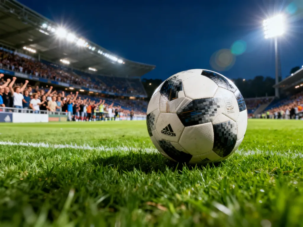 Nowoczesny stadion piłkarski w świetle reflektorów z piłką na murawie, oddający atmosferę meczów Ligi Konferencji Europy.