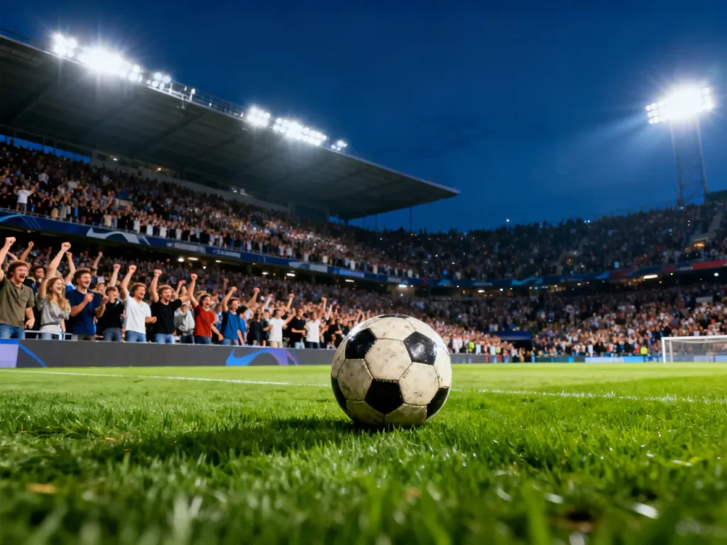 Wypełniony kibicami stadion piłkarski w świetle reflektorów z piłką na murawie, podkreślający atmosferę meczu FC Barcelony.