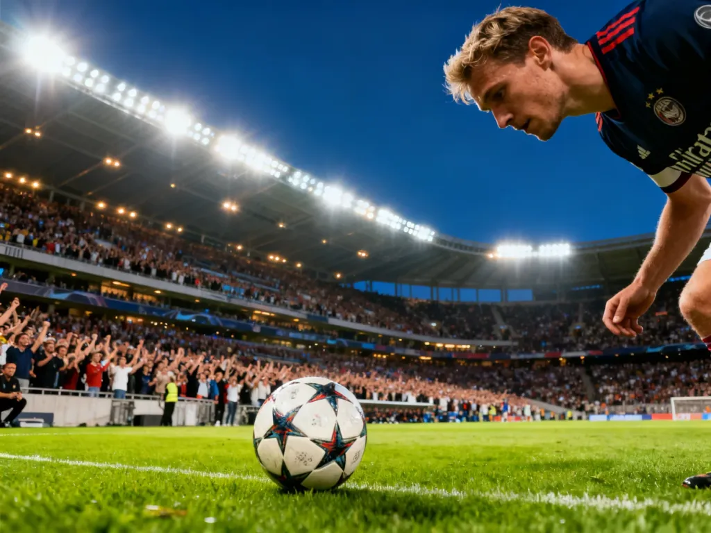 Piłkarz skupiony na piłce na murawie nowoczesnego stadionu pełnego kibiców podczas meczu Mistrzostw Świata.