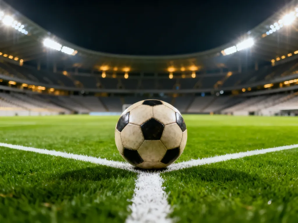 Piłka do gry na punkcie karnym oświetlonego stadionu piłkarskiego przed meczem Ekstraklasy.