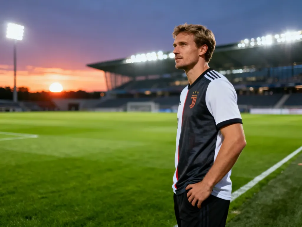 Piłkarz w stroju sportowym na murawie stadionu o zachodzie słońca, symbolizujący emocje związane z rozgrywkami Premier League.