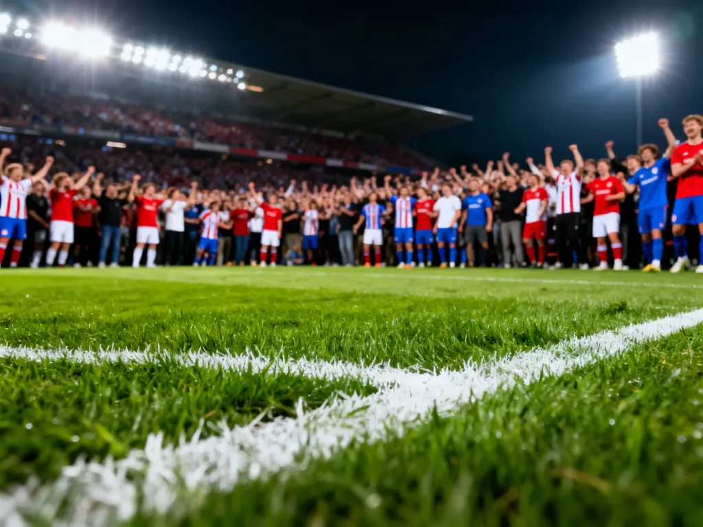 Oświetlona murawa stadionu piłkarskiego podczas wieczornego meczu z kibicami na trybunach w tle.