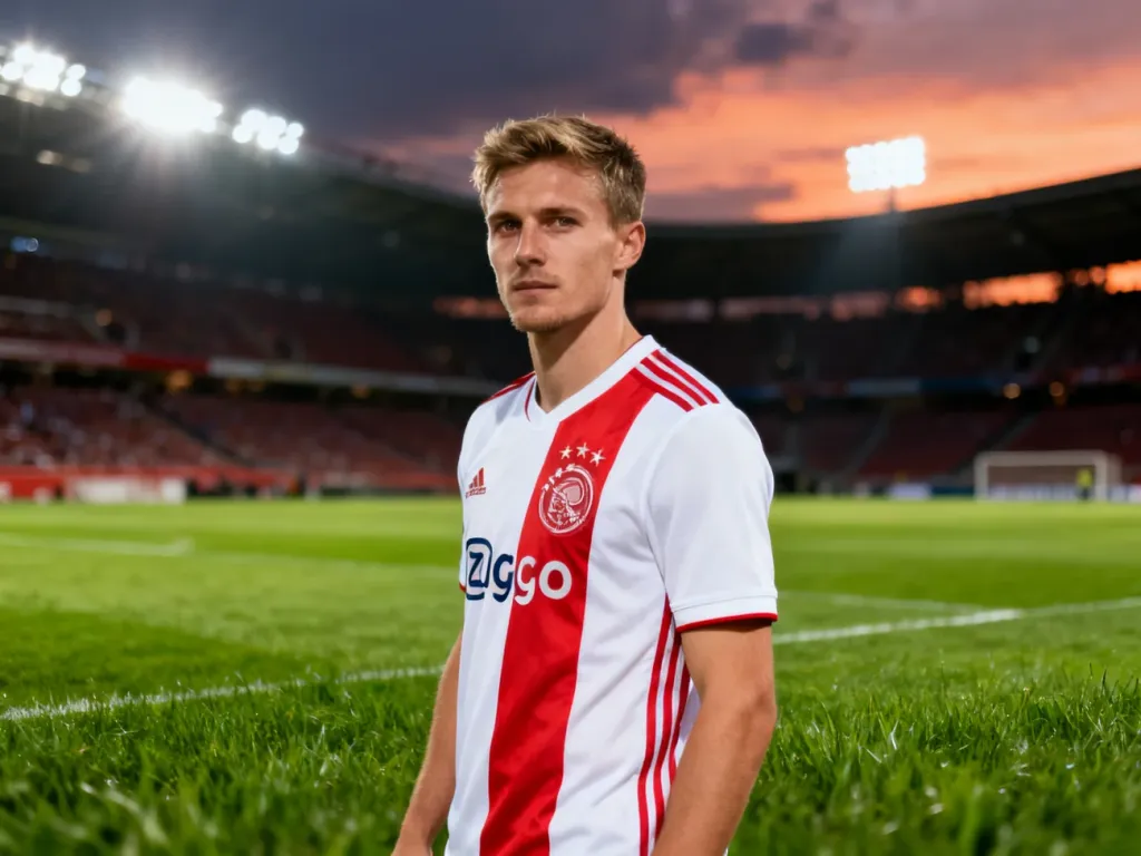 Piłkarz Wisły Kraków w biało-czerwonej koszulce na murawie stadionu w świetle jupiterów.