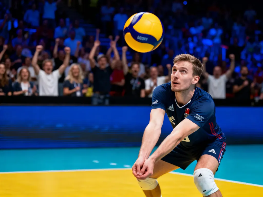 Siatkarz wykonujący zagrywkę w hali sportowej podczas meczu Ligi Narodów przy dopingu kibiców.