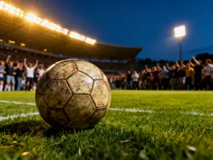 Piłka na murawie stadionu w świetle reflektorów przed meczem FC Barcelona – Atlético Madryt.