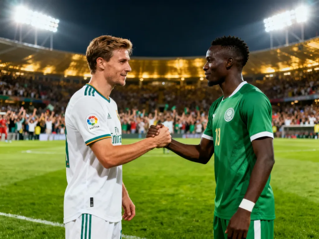 Piłkarze reprezentacji Polski i Nigerii wymieniają uścisk dłoni na murawie stadionu przed rozpoczęciem meczu.