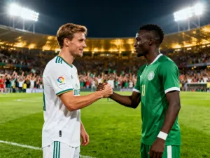 Piłka do gry na murawie stadionu w świetle zachodzącego słońca, nawiązująca do barw Lecha Poznań.