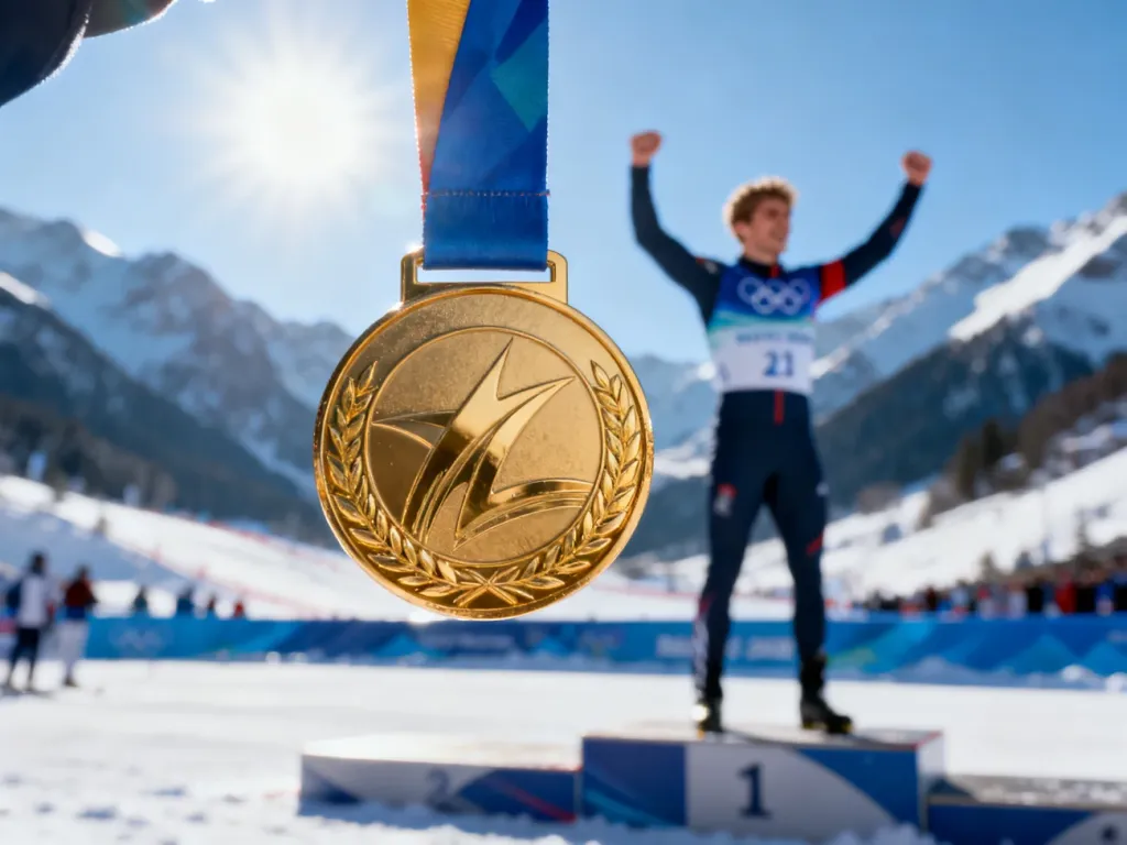 Złoty medal olimpijski na pierwszym planie, a w tle rozmazany sportowiec świętujący zwycięstwo na tle zaśnieżonych gór.