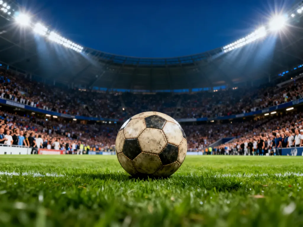 Oświetlony stadion piłkarski podczas wieczornego meczu z wyraźną piłką na murawie na pierwszym planie.