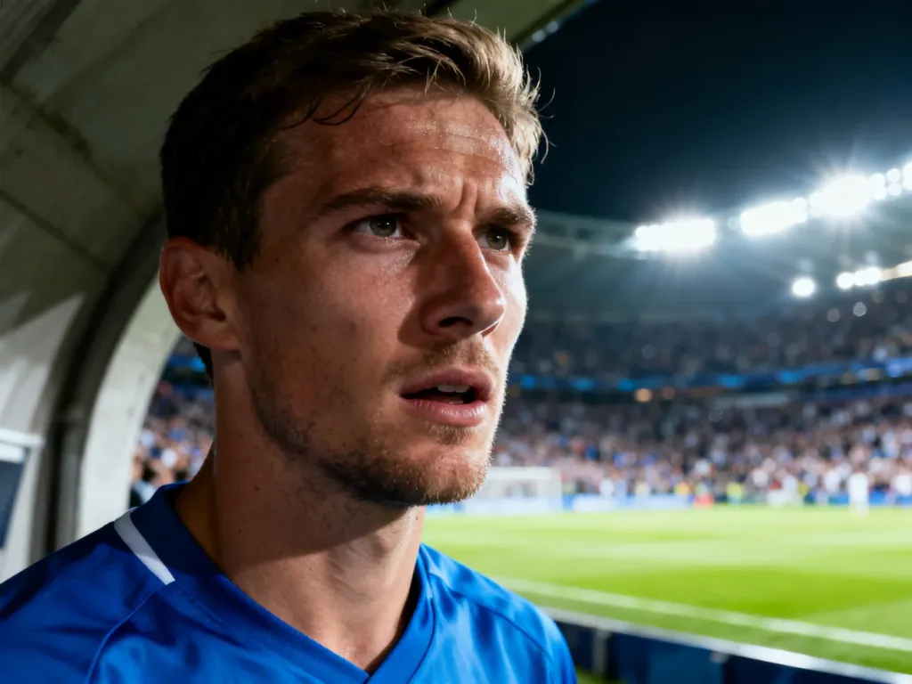 Piłkarz Manchesteru City w niebieskiej koszulce stoi w tunelu stadionu przed meczem z Realem Madryt.